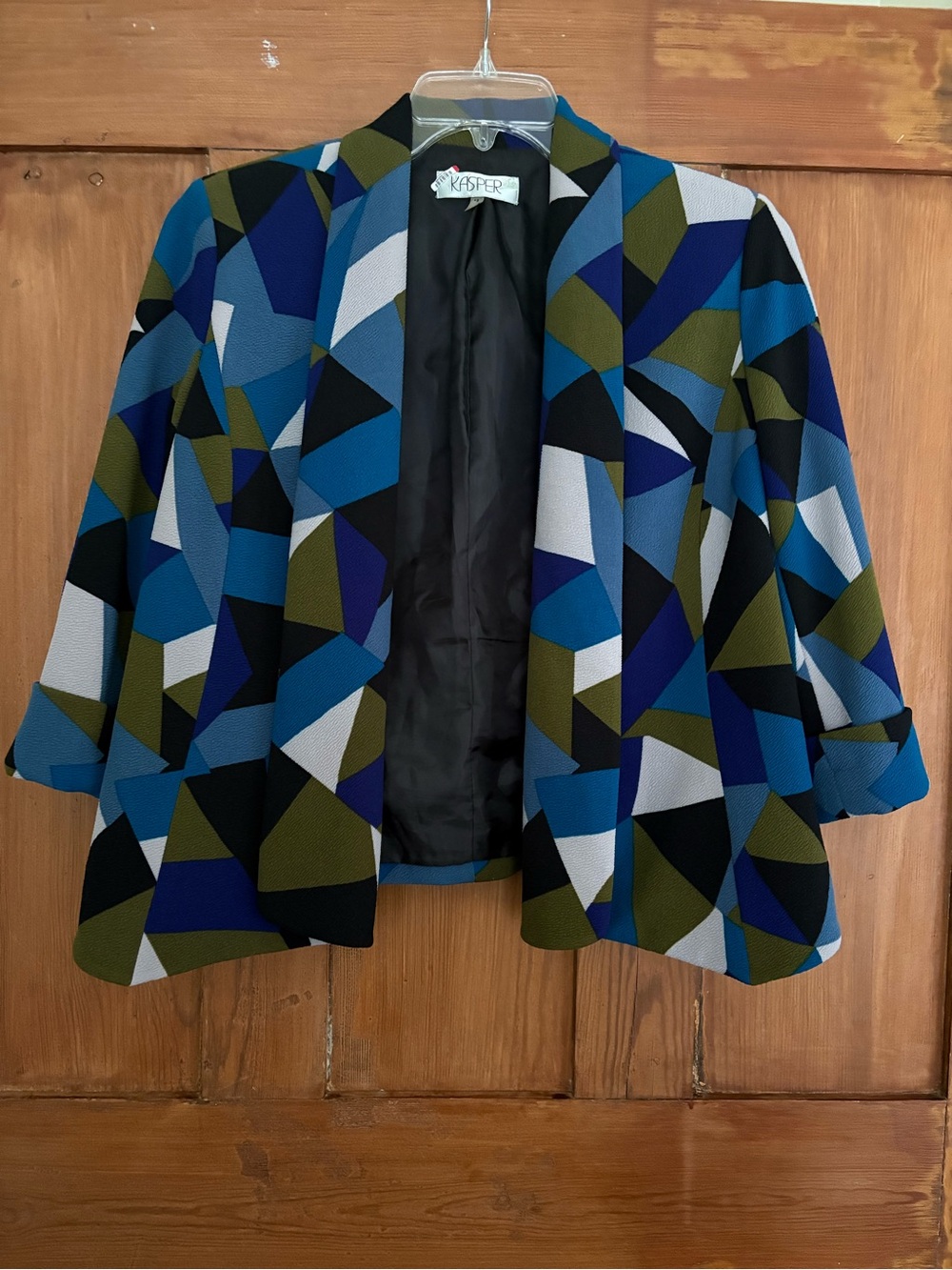 Kasper Blue Green Geometric Open-Front Swing Jacket Size 12